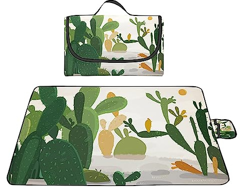 Picknickdecke 150x150cm,XXL Picknickdecke mit Wasserdichter Unterseite,Outdoor Stranddecke Sandfrei,mit Tragegriff Faltbare Picnic Blanket für Camping,Strand,Park,Familie,Konzerte Stacheliger Kaktus
