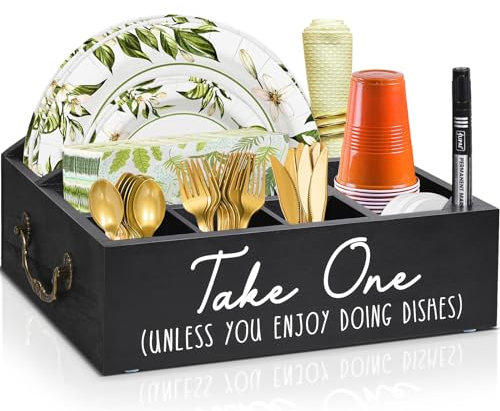 Paper Plate Holder, Paper Plate Dispenser for Kitchen Counter, Wood Cutlery Flatware Organizer Box for Party, Picnic BBQ, Wood Silverware Holder Utensil Caddy for Plate, Cup, Fork, Spoon Napkin(Black)