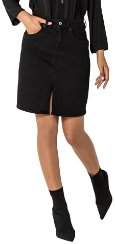 Nina Carter P213 Jupe courte en jean pour femme avec fente avant et fermeture éclair élastique - Look usé, S