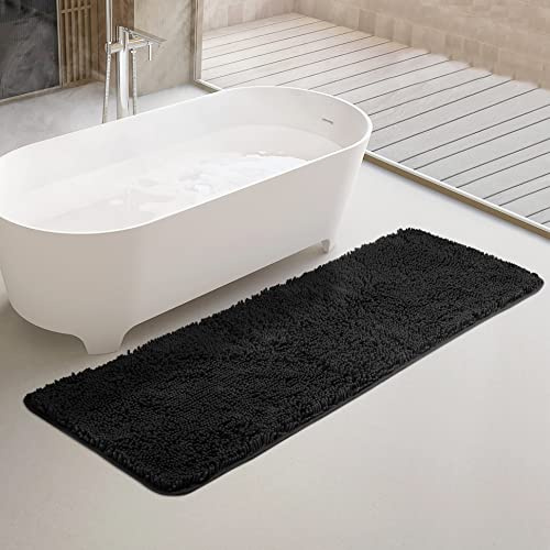 Yeaban Tapis de bain antidérapant en chenille long absorbant et lavable en peluche pour salle de bain, douche, évier (61 x 182,9 cm, noir)