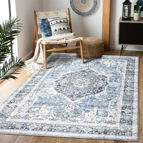 Domitapis Area Rug 5×7, Vintage Boho Teppich, ultraweicher Niederflor, waschbar, rutschfest, schmutzabweisend, bedruckter Teppich für Wohnzimmer, Schlafzimmer, Spielzimmer, Büro, Küche, Hellblau