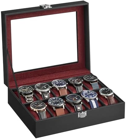SONGMICS Uhrenbox mit 10 Fächern, Uhrenkasten, Glasdeckel, Uhrenkoffer, herausnehmbare Uhrenkissen, Metallverschluss, Geschenkidee, PU-Bezug in Schwarz, Samtfutter in Weinrot JWB010R01