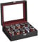 SONGMICS Uhrenbox mit 10 Fächern, Uhrenkasten, Glasdeckel, Uhrenkoffer, herausnehmbare Uhrenkissen, Metallverschluss, Geschenkidee, PU-Bezug in Schwarz, Samtfutter in Weinrot JWB010R01