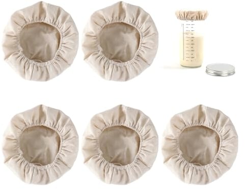 5 Stück Sauerteig Brot Starterglas Abdeckungen,Ungebleicht Wiederverwendbar Kombucha Kefir Fermentation Käse Stoffdeckel,Atmungsaktiv Hefe-Brot-Backen Elastik Deckel,Passend für Gläser von 3-4 Zoll