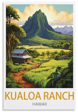 HXHNFERR Kualoa Ranch Hawaii Vintage-Reiseposter, 20 x 30 cm, Leinwand-Wandposter und Kunstbilder, Drucke, Gemälde, Schlafzimmerdekoration
