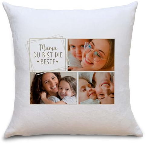 OWLBOOK® Personalisiertes Kissen mit Foto Bedrucken Lassen - Fotokissen mit 3 Fotos & Text selbst gestalten - Beste Mama Geschenke zum Muttertag Geburtstag Weihnachten | Polster 40x40 zzgl. Füllung