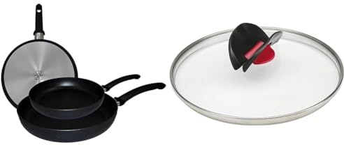 BALLARINI Set di 3 Padelle con rivestimento antiaderente, Alluminio, Diametro 20-24-28 cm, Nero, Cremona & Click&Cook Coperchio in Vetro, Alluminio, Trasparente, 28 cm