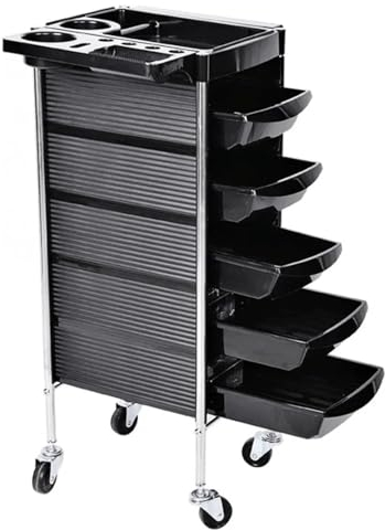 Viaosa Metallrahmen-Friseursalonwagen, Friseursalon-Werkzeugwagen, Friseur-Werkzeugwagen, 5-Tablett-Salonwagen für Beauty-Tattoo-Zubehör (schwarz)
