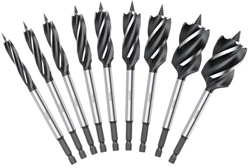 JiGiU 9PCS Foret à Bois Hélicoïdal en Acier au Carbone, 10mm à 35mm, Mèche à Tarière pour le Bois Dur et Tendre, Recommandation de Vitesse Optimale