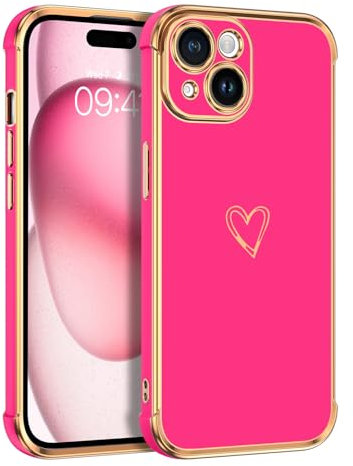 VENINGO for iPhone 15 Case,Love Heart Slim Flexible TPU Plating Shockproof Drop Proof Rugged Women Girl Man 360 Protective Phone Case for iPhone 15 6.1 inch, Hot Pink