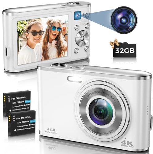 Macchina Fotografica Digitale con Scheda da 32GB, 4K Doppia Fotocamera Compatta 48MP con Zoom Digitale 16X e 2 Batterie per Adolescenti e Principianti (Bianco)