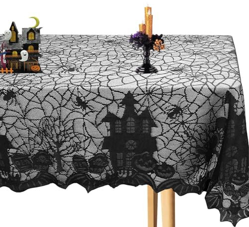 Halloween Tischdecke, 135 x 175 cm Halloween Tischdecke Spinnennetz Tischdecke aus schwarzer Spitze Tischtuch mit Spukhaus Schloss
