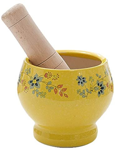 ABNNHK Juego de mortero y Maja de cerámica esmaltada Amarilla: Molinillo Manual para maní, Especias, ajo y Pimienta, Ideal para condimentos y Especias