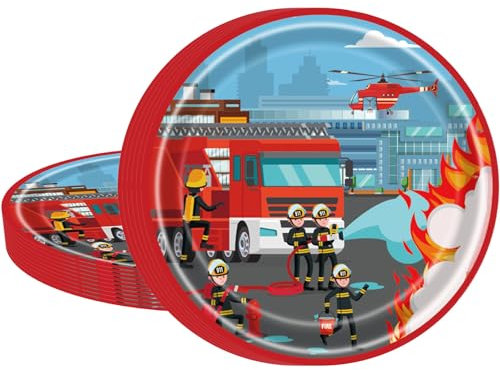 MORAINJAY 16 Pièces Assiettes en Papier Vaisselle Anniversaire à Thème Camion de Pompier pour Garçons, 7 Pouces Assiettes Idéal pour Fêtes d'Enfants, Firetruck Table Décoration Joyeuse - 16 Invités