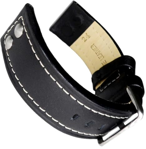 Genuine Calf Leather Watch Strap, Black Riveted Military Aviator Style, 22mm & 24mm Widths, Compatible with TW Steel, Diesel, Seiko & Smart Watches
