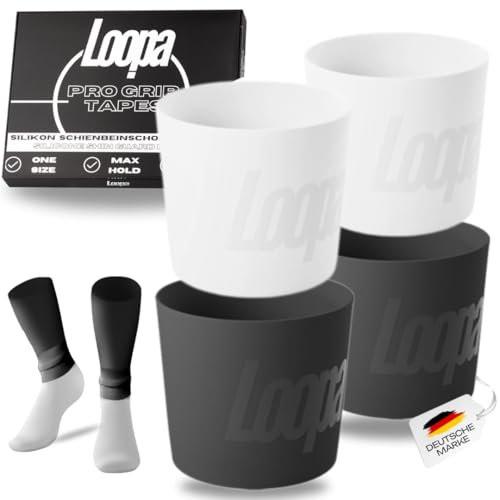 LOOPA® Pro Grip Tapes Fußball Schienbeinschonerhalter aus hochwertigem Silikon für Herren, Damen & Kinder (ab12J.) | Fußball Stutzenhalter | Shin Guard Holder | Shin Pad Stay (Black/White)