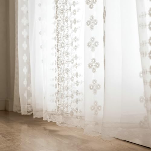 Tolldek 132x150cm Vorhang Kurz Durchsichtig Weiß, 2 Teiliges Spitze mit Stickerei Muster Küchengardine Modern Rod Pocket Baumwolle Leinen Tüllvorhänge für Küche/Badezimmer Wohnwagen