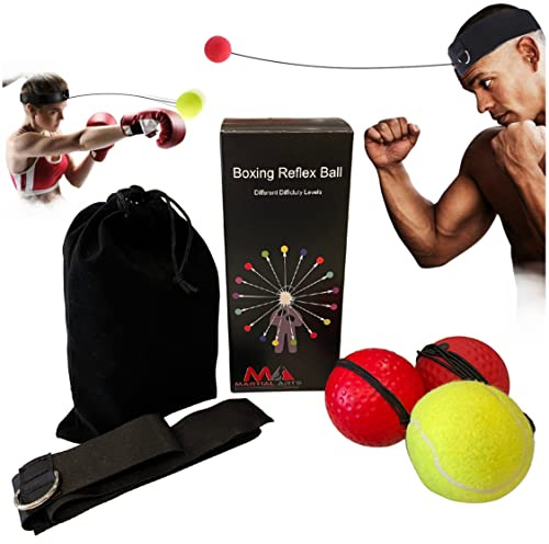 Boxing Reflex Balls Headband - BoxingTraining Equipment for MMA Gear, Improve Punching Speed, Accuracy and Hand Eye Coordination (3 Difficulty Level, 3 Balls)