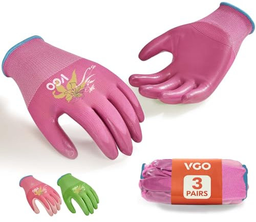 VGO 3 Paar Damen Gartenhandschuhe - Rutschfeste Nitrilbeschichtung, Maschinenwaschbar & Atmungsaktiv für Outdoor,DIY,Ranch,Camping | Flexible,Preiswertes Bundle mit Farbwahl(3Paar/M/Bundle/NT2110-P)