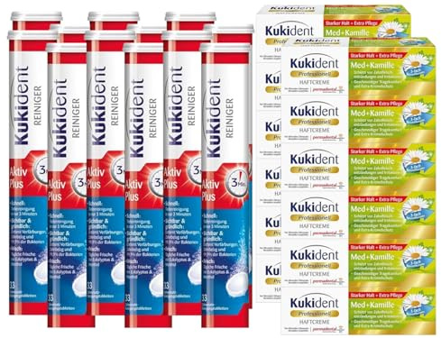 Kukident Aktiv Plus 12x33 Tabs & Haftcreme Med + Kamille 12x40g – XL-Reinigung & sanfter Halt durch Kamille – Rundum-Pflegepaket für sensible Zahnprothesen & langanhaltende Frische