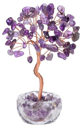 Jovivi Petit Bibelot 10-11cm Arbre de Vie Cristal Pierre Naturelle DIY Fils de Cuivre Handmade Feng Shui Tree Porte Bonheur pour Maison Décoration de Bureau Maison et Domicile (Améthyste)