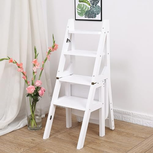 Escalera Plegable Multiusos De Madera Blanca De 4 Peldaños para El Hogar, La Cocina Y La Biblioteca. Diseño Plegable Que Ahorra Espacio.