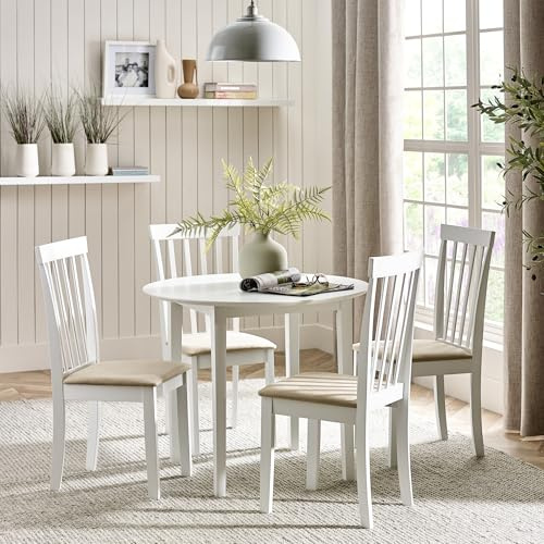 Julian Bowen Orwell Dining Table & 4 Chairs Set, Round, White - W90 x D90cm | Traditional Kitchen Table & Chairs Furniture Set for Dining Room, Rubberwood, Upholstered Beige Padded Seat