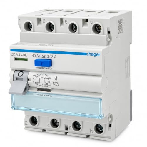 Set aus Hager CDA440D FI Schalter 4 polig 40A / 30mA Typ A + 4 hochwertige Verdrahtungsbrücken 10 mm² - 26 cm, mit Aderendhülsen, 3 × schwarz - 1 × blau - für Elektro-Verteiler RCD