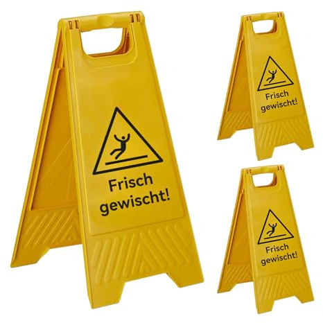 Relaxdays Frisch Gewischt Aufsteller, 3er Set, klappbar, beidseitig beschriftet, Kunststoff, Warnschild vor Glätte, gelb