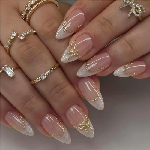 24PCS Almond Press on Nail, White Pearl French Tip False Nails with Golden Line Bow Design, Short Almond Press on Nails in 12 Sizes, Full Cover Ballerina Acrylic Nail Kit Includes Nail-File