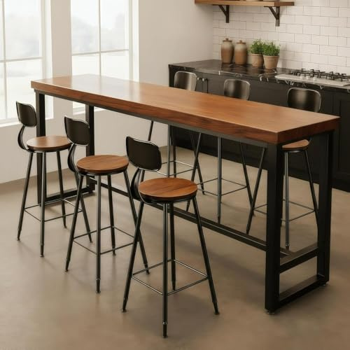 POPICK Bartisch aus Massivholz –5cm Kiefernholz Bartisch für Küche, Wohnzimmer oder Bar – Robuster Modernes Design in Holz für kleine Räume und stilvolle Einrichtung (140x40x105cm)