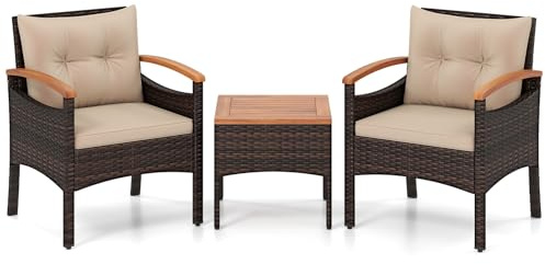 FANTASK Gartenmöbel 3er Set, Balkonmöbel Rattan Set inkl. 2 Rattanstühle & Gartentisch, Gartensitzgruppe Lounge Set mit Akazienholzplatte & Sitzkissen, Sitzgruppe für Terrassen, Balkon, Garten (Braun)