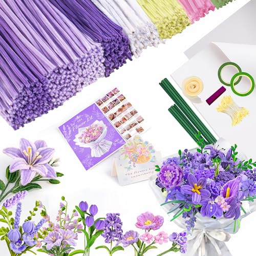 Lila Bouquet Pfeifenreiniger Blumen Set, 600 Stück Pfeifenputzer zum Basteln 7 Farben Pipe Cleaner, Geeignet als Geschenk zum Muttertag, Valentinstag und Weihnachten