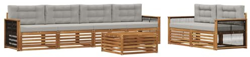 vidaXL Outdoor-Sofagarnitur mit Kissen 7 pcs Natürlich und Hellgrau, Garten-Lounge, modernes Outdoor-Sofa, modulares Set für Terrasse, Bequeme Sitzmöbel