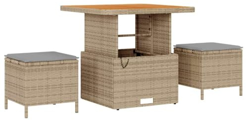 QJBSAVVA Conjunto de comedor de jardín beige – Juego de muebles de jardín de 3 piezas de polirratán y madera de acacia con tapicería – Conjunto de asientos moderno para 2 personas en balcón, terraza y