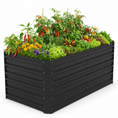 Kuro-sagol Lit Surélevé en Acier Galvanisé Rectangulaire sans Fond, Jardiniere Métallique Résistante Aux Intempéries, 120x60x58cm, Jardinière, Grande jardinieres Exterieur 432L, Noir-S