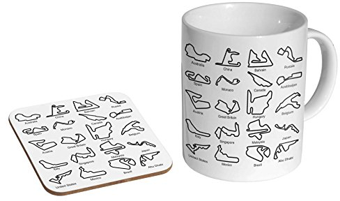 Mug à café en céramique avec dessous-de-verre Motif Racing Circuit Tracks Collage F1 GP