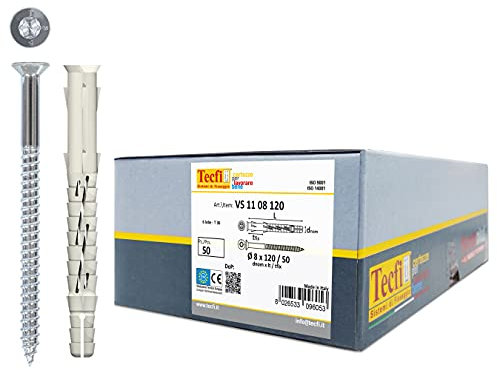 TECFI Handyplug® 50 Tasselli UNIVERSALI prolungati in Nylon Ø8 x 120 mm, con Vite - Utilizzo su tutte le murature