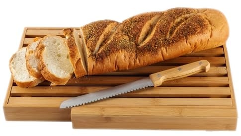 Bamboo Land Large Bread Board With Knife and Crumb Catcher, Slicer for Homemade Bread, Cutting Board