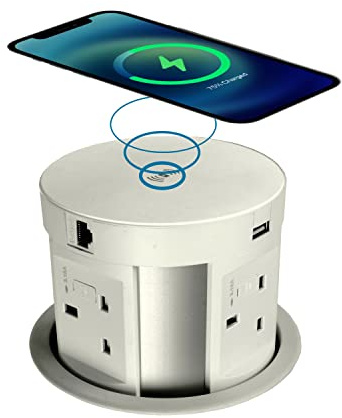 Allcam PP107-series Pop-up Power 4 UK sockets 3.15A Fused 2x USB 1x Qi Wireless Charger 1x RJ45 1x High Definition AV, with Ethernet and Starter Lead.
