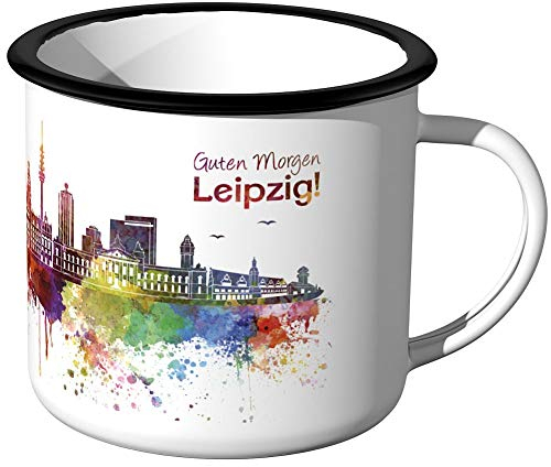 JUNIWORDS Emaille-Tasse, Guten Morgen Leipzig, Skyline Aquarell, Silberner Tassenrand