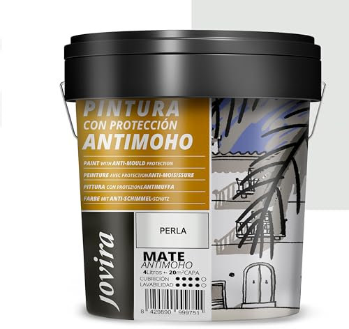 JOVIRA PINTURAS Pintura Antimoho, Evita el moho, resistente a la aparición de moho en paredes, aspecto mate. (4 Litros, Perla)
