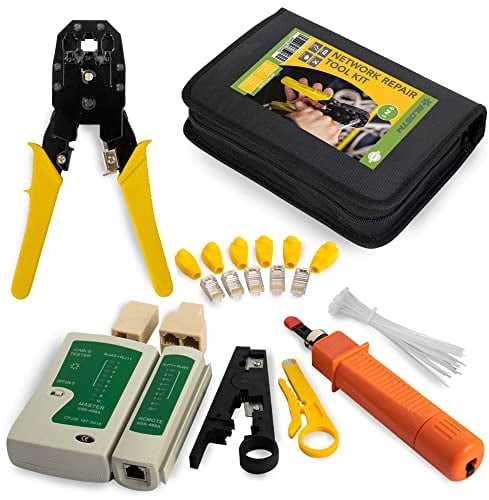 BLOSTM Kit de Redes 9 en 1 - Herramientas de Instalación y Reparación, Crimpadora RJ45, Red Profesional Mantenimiento de la Computadora LAN Cable Tester, Kit RJ45 y Más - Para el Hogar y la Oficina