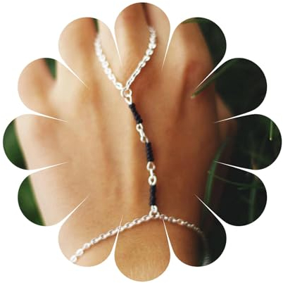 Aneneiceera Boho Finger Ring Schwarz Perlen Armband Silber Einfach Hand Kette Sklave Finger Ring Armband Armreif Braut Handstück Hand Harness Schmuck Für Frauen Und Mädchen