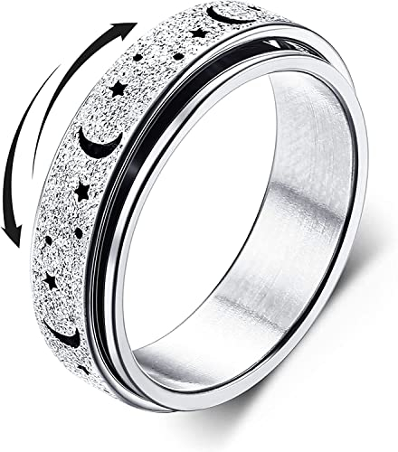 Diamday Anti-Angst Spinner Ring für Stress und Angstlinderung - Edelstahl Roller Ring für Damen und Herren - Drehbarer Mondstern Sand Blast Finish Silber 60