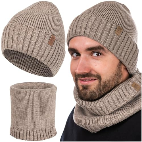 HEYO Herren Winter Mütze Set Beanie + Schlauchschal 2er Set | angenehme warme Strickmütze Wintermütze Weiche Übergangsmütze mit Bündchen Schal Rundschal Halswärmer