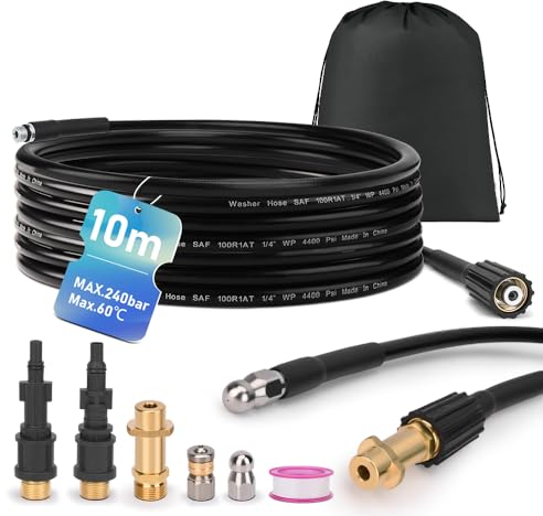 Set di tubi per la pulizia dei tubi, 10 m, 240 bar, con 3 adattatori, 2 ugelli rigidi + rotanti, compatibile con K2, K3, K4, K5, K6, K7, LAVOR, BOSCH, idropulitrice universale