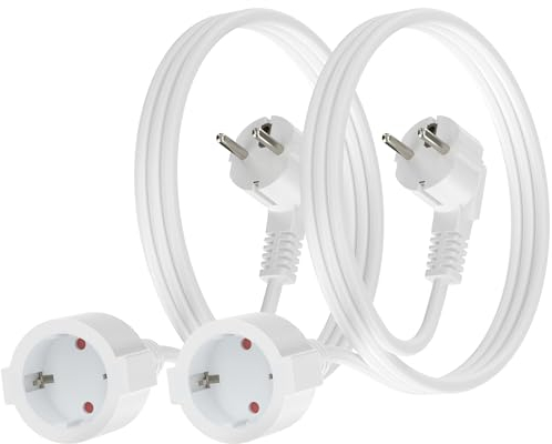 Prolunga Schuko da 1 M, Confezione da 2 Cavi di Prolunga Schuko da 1,1 Metri, 16A/250V, 4000W, 1,5 mm² con Spina e Attacco Schuko, per Uso Domestico e Multimediale in Ufficio, Bianco