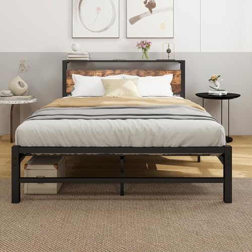 ARFARLY Bettrahmen Metallbett 140x200 cm mit Holz-KopfteilBettgestell aus Metall mit Lattenrost, Gästebett Robust Langlebig, Jugendbett Einfach zu Montieren