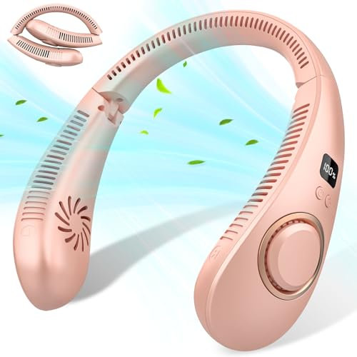 Kouric Ventilador de Cuello Inalambrico Plegable,Ventilador Cuello Viento Arriba y Abajo,Collar Ventilador Cuello 4 Velocidades,Neck Fan USB Recargable,Ventilador para Cuello Pantalla Digital-Rosa